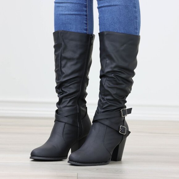 Black Mid Calf Block Heeled Boots Synthetic Leather Pointed Toe Womens - Picture 11 of 16